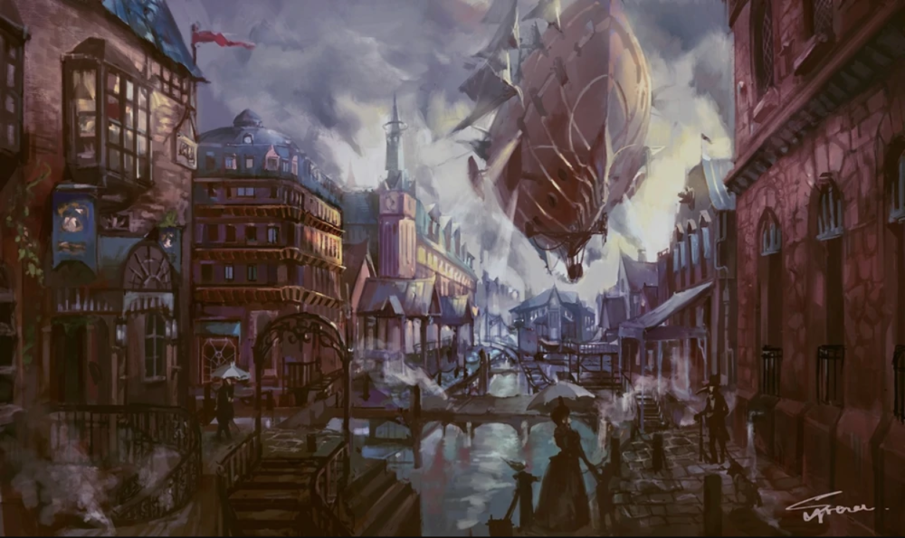 An airship hovers over a Steampunk city, exhaling steam into the sky above and shining light on the city below