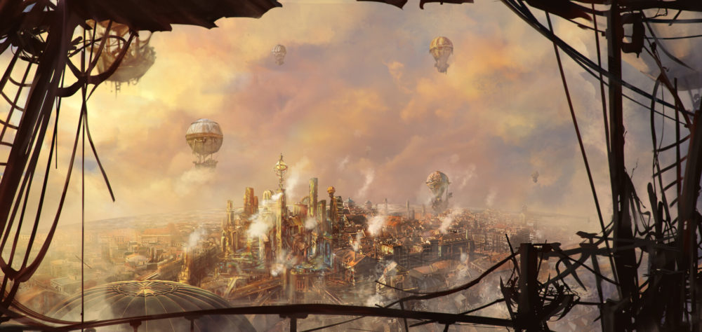 A watchtower view of balloons hovering over a city enshrouded in gold and steam