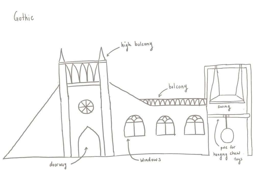 Sketch of what a gothic, outdoor play structure would look like for my guinea pigs